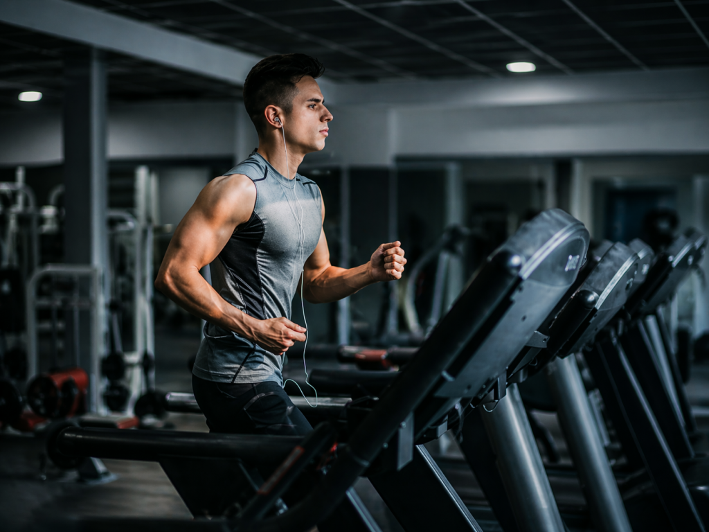 A boy runnig on a treadmill