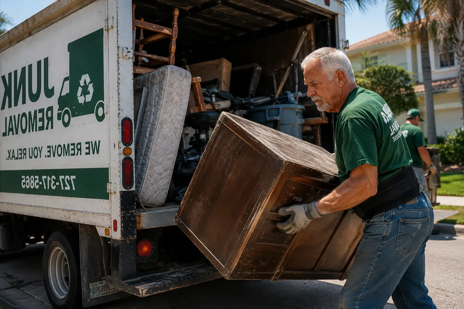 Junk removal worker handling unwanted furniture in Dubai